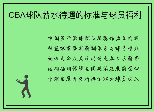 CBA球队薪水待遇的标准与球员福利