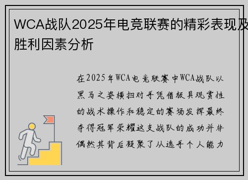 WCA战队2025年电竞联赛的精彩表现及胜利因素分析