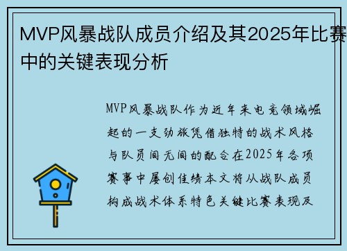 MVP风暴战队成员介绍及其2025年比赛中的关键表现分析